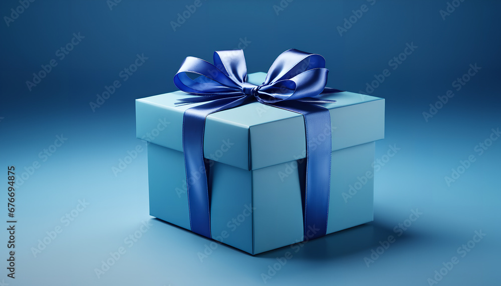 Blue gift box with a ribbon on a blue background. A simple and elegant composition conveying the charm of gift-giving, Generative AI. Blue gift box with a ribbon on a blue background. A simple and elegant composition conveying the charm of gift-giving, Generative AI.