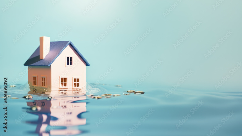 Sinistre Immobilier: Dommages des Inondations sur Maison d’Habitation - obrazy, fototapety, plakaty 