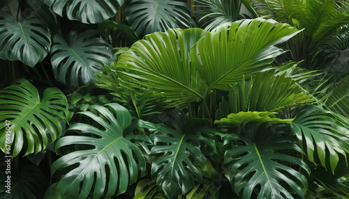 Lush tropical foliage  Monstera  palm leaves  Calathea. vibrant greenery paradise  generative AI