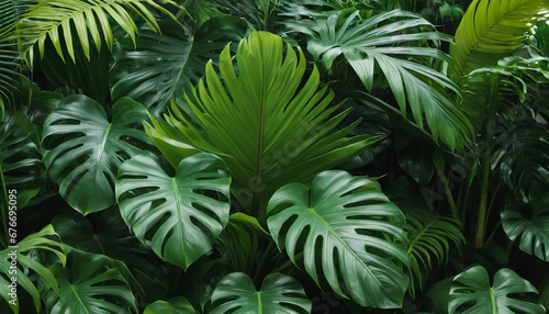 Lush tropical foliage  Monstera  palm leaves  Calathea. vibrant greenery paradise  generative AI