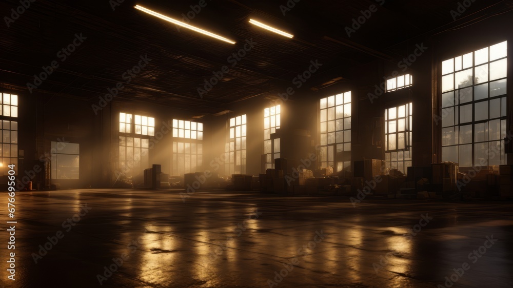 empty warehouse with a lot of windows. AI Generated
