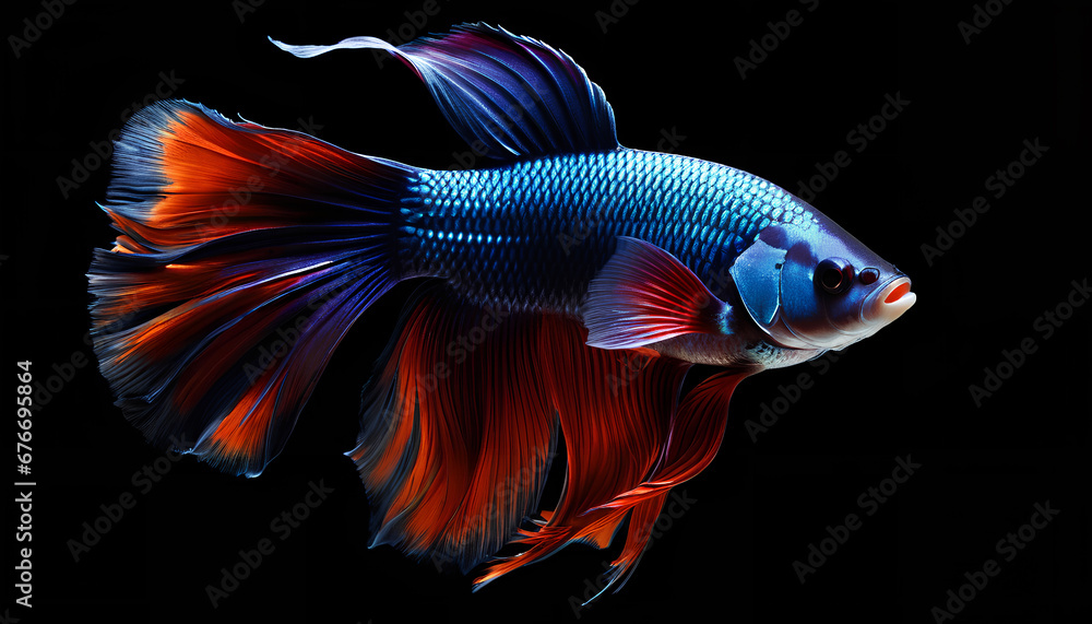 Betta fish, a colorful Siamese fighting fish with a beautiful silk tail. A captivating aquatic display of vibrant hues and graceful fins, Generative AI. Betta fish, a colorful Siamese fighting fish with a beautiful silk tail. A captivating aquatic display of vibrant hues and graceful fins, Generative AI.