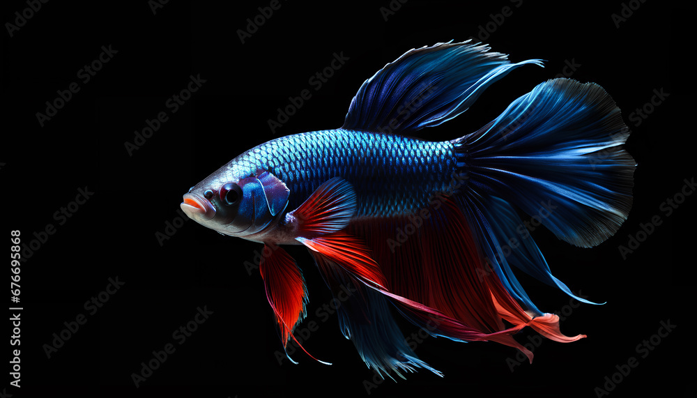 Betta fish, a colorful Siamese fighting fish with a beautiful silk tail. A captivating aquatic display of vibrant hues and graceful fins, Generative AI. Betta fish, a colorful Siamese fighting fish with a beautiful silk tail. A captivating aquatic display of vibrant hues and graceful fins, Generative AI.
