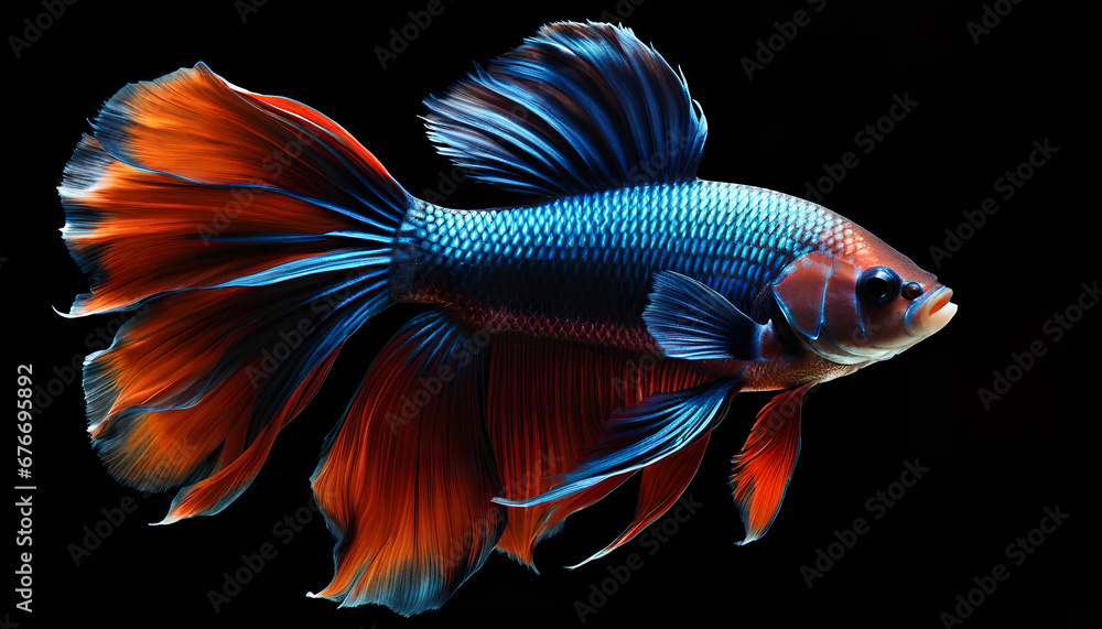 Betta fish, a colorful Siamese fighting fish with a beautiful silk tail. A captivating aquatic display of vibrant hues and graceful fins, Generative AI. Betta fish, a colorful Siamese fighting fish with a beautiful silk tail. A captivating aquatic display of vibrant hues and graceful fins, Generative AI.