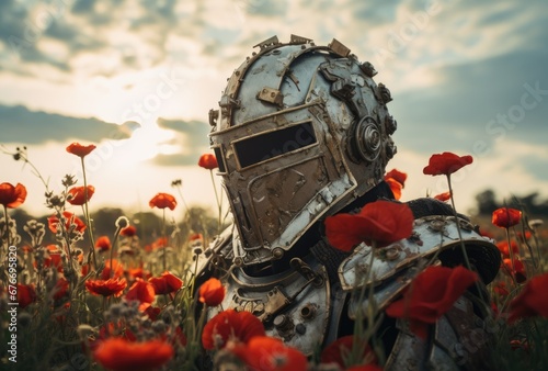 Medieval knight in a field of red flowers symbol of peace photo