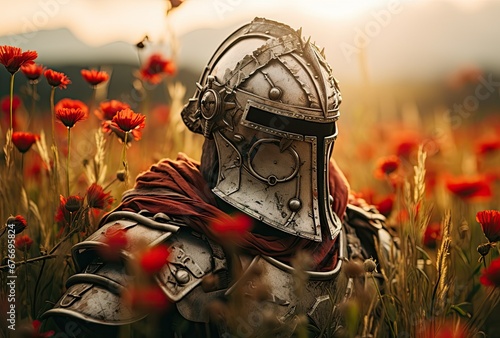 Medieval knight in a field of red flowers symbol of peace photo