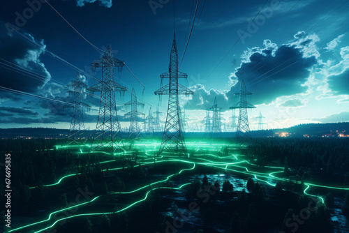 Power grid at night with green energy flowing through it depicting the concept of renewable energy photo