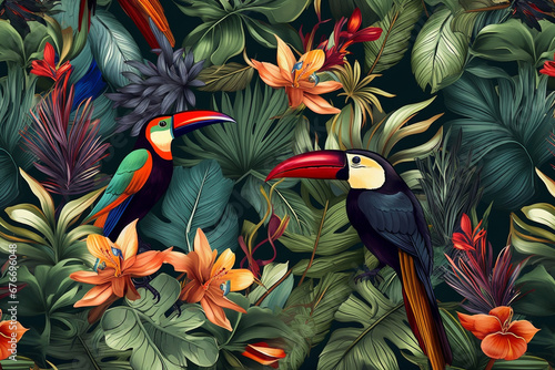 Nature and birds concept. Various exotic, tropical birds and rainforest colorful illustration background with copy space