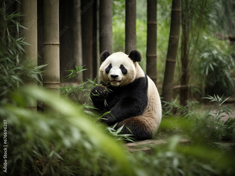Obraz premium Panda in Peaceful Forest in Bamboo Wonderland