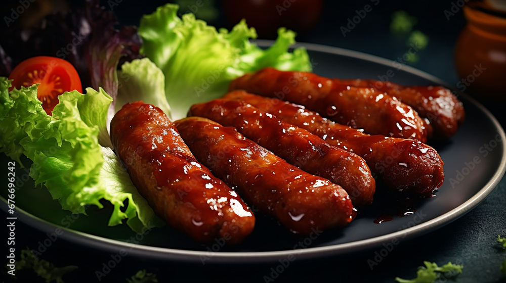 Fried sausages with ketchup and lettuce on the plate. Close up. Made with generative ai