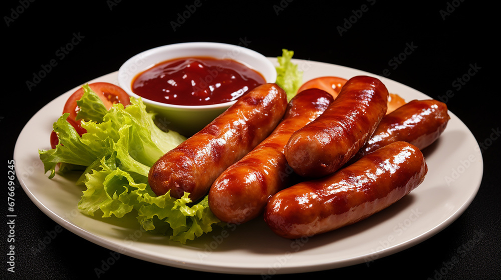 Fried sausages with ketchup and lettuce on the plate. Close up. Made with generative ai