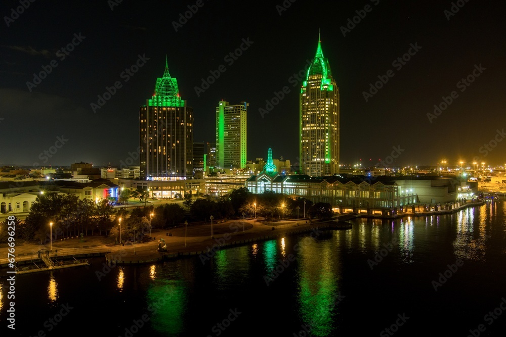 Downtown Mobile, Alabama riverside skyline at night