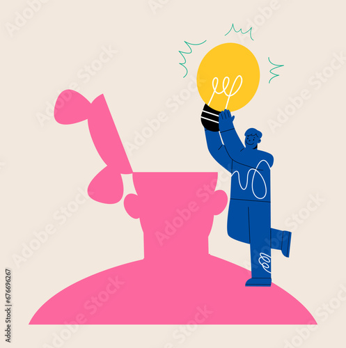 Person put lightbulb in man head help find solution to problem. Sharing ideas and experiences, brainstorming, creative. Colorful vector illustration