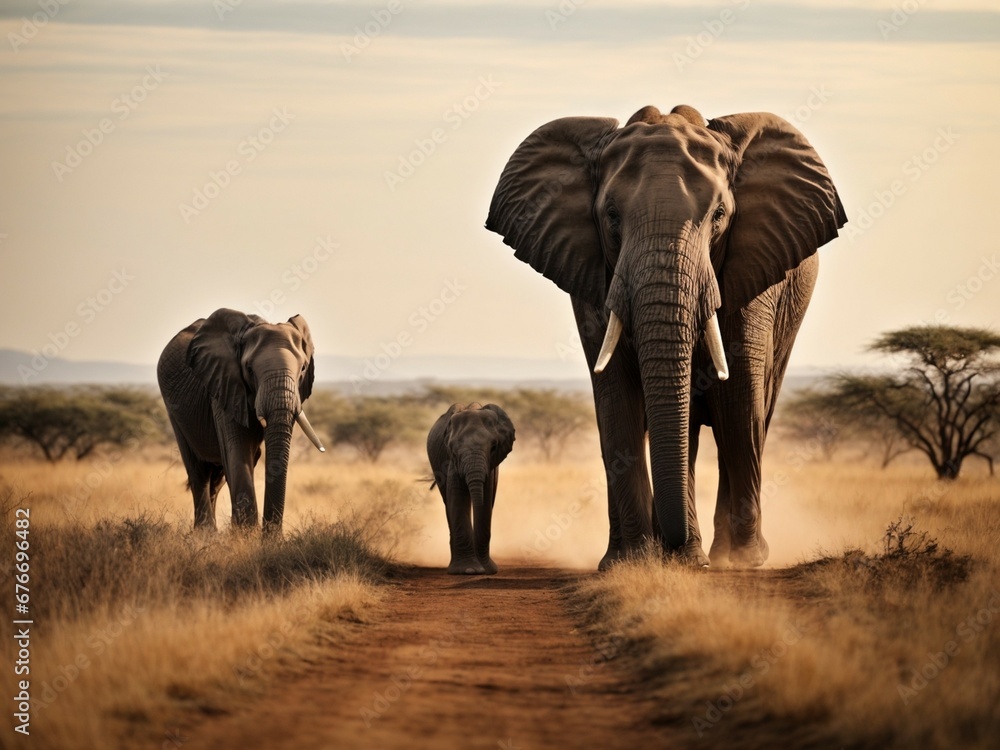 Obraz premium Majestic Elephants in Dusty Road Scene