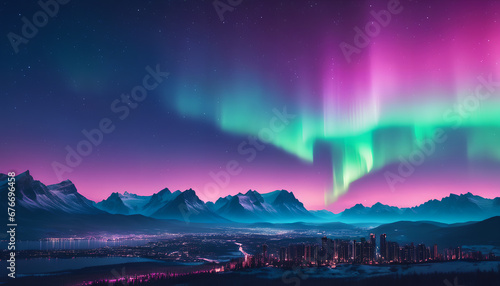 aurora borealis in the heart of the city. celestial lights illuminate the urban skyline, generative AI