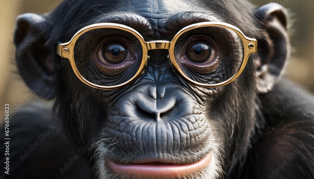 Portrait of a monkey wearing glasses,. An amusing depiction of a primate emphasizing its facial features,, Generative AI. Portrait of a monkey wearing glasses,. An amusing depiction of a primate emphasizing its facial features,, Generative AI.