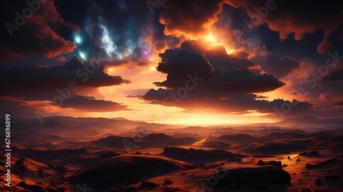 Fantasy landscape of fiery planet with glowing stars, nebulae, massive clouds and falling asteroids. AI Generated