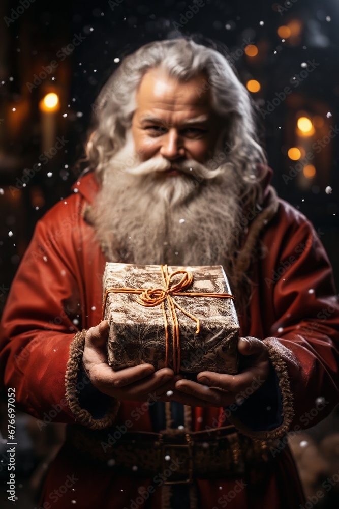 closeup of gift in Santa's hands, outdoor, evening street, festive lights, Christmas or New Year holidays