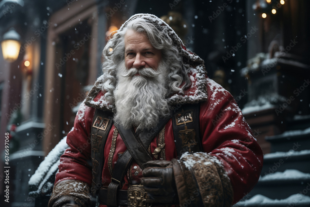 Santa is walking down a city street, with gifts, winter, snow, holiday decorations