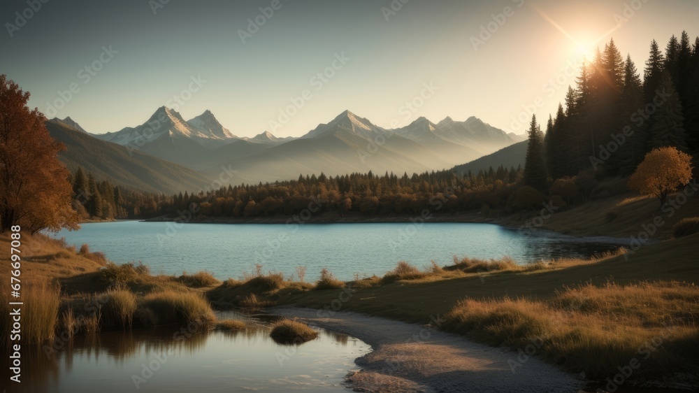 lake and mountains. AI Generated