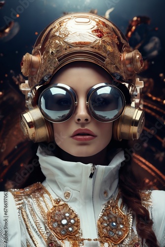 portrait of a woman, in futuristic abstract style, goggles and golden helmet, white suit, beautiful face, abstract background photo