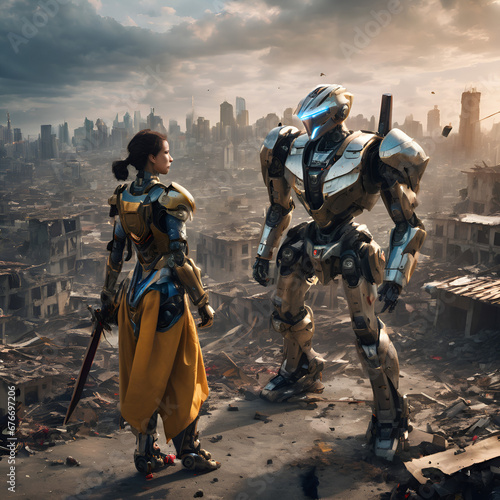 An epic robo-human fighting encounter, humanoid robot wielding a gleaming sword against a fearless human warrior in a dramatic backdrop of ruined cityscapes
