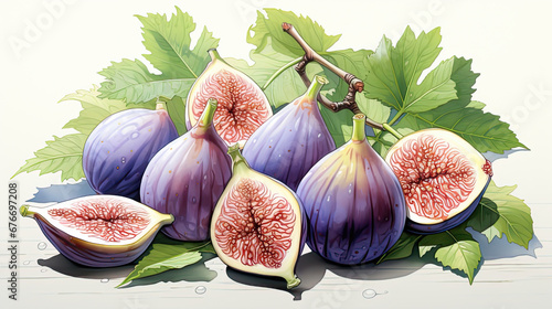 Painting of fig fruit some halved and leaves over white background with dark shadows.