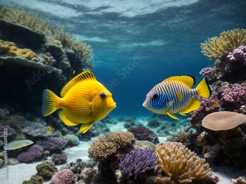 tropical coral reef Blue and Yellow Fish Swimming Together