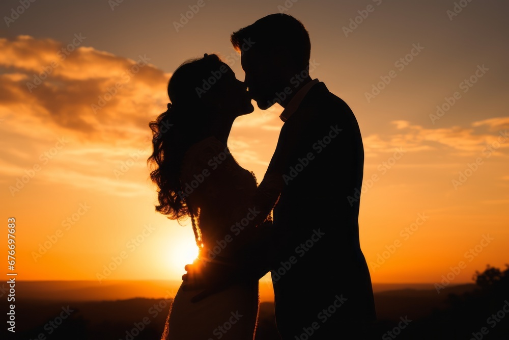 Romantic Silhouette of wedding couple in love.