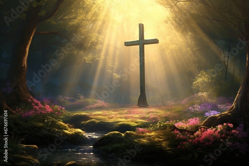 Wooden cross in the forest with sunlight in the morning