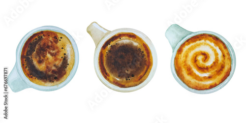 Watercolor cups of coffee. Hand drawn illustrtations set of latte, esspreso and capuccino photo