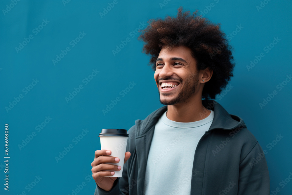 Happy African American man with cup of coffee on blue background Happy African American man with cup of coffee on blue background