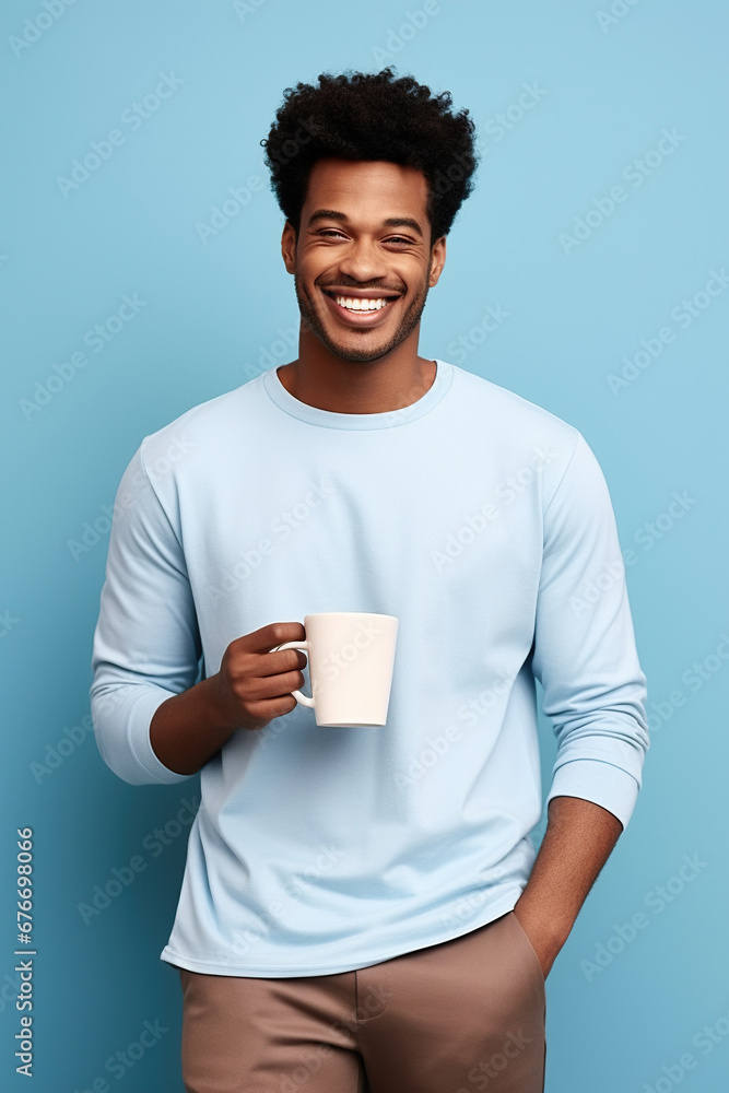 Happy African American man with cup of coffee on blue background Happy African American man with cup of coffee on blue background