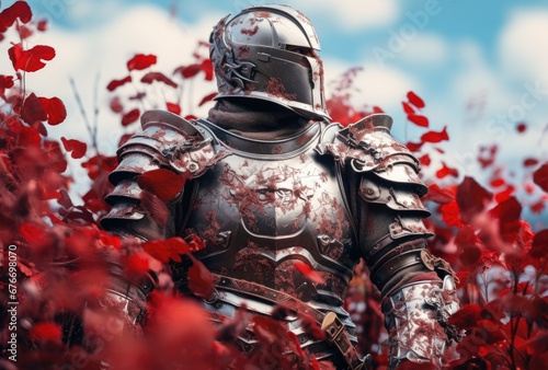 Medieval knight in a field of red flowers symbol of peace © jambulart