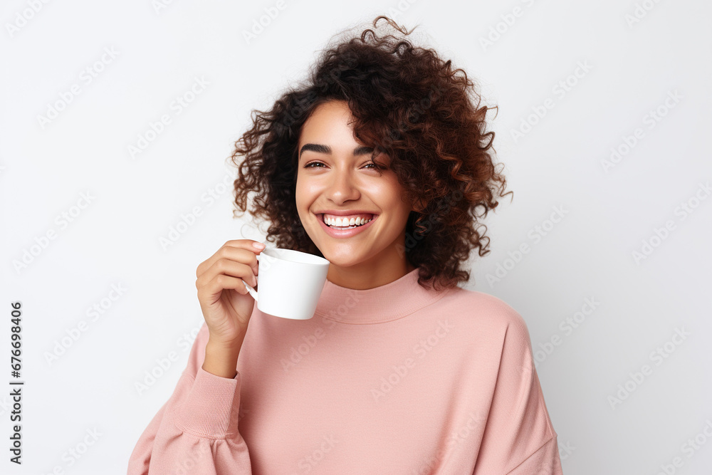Happy woman with cup of coffee on white background Happy woman with cup of coffee on white background