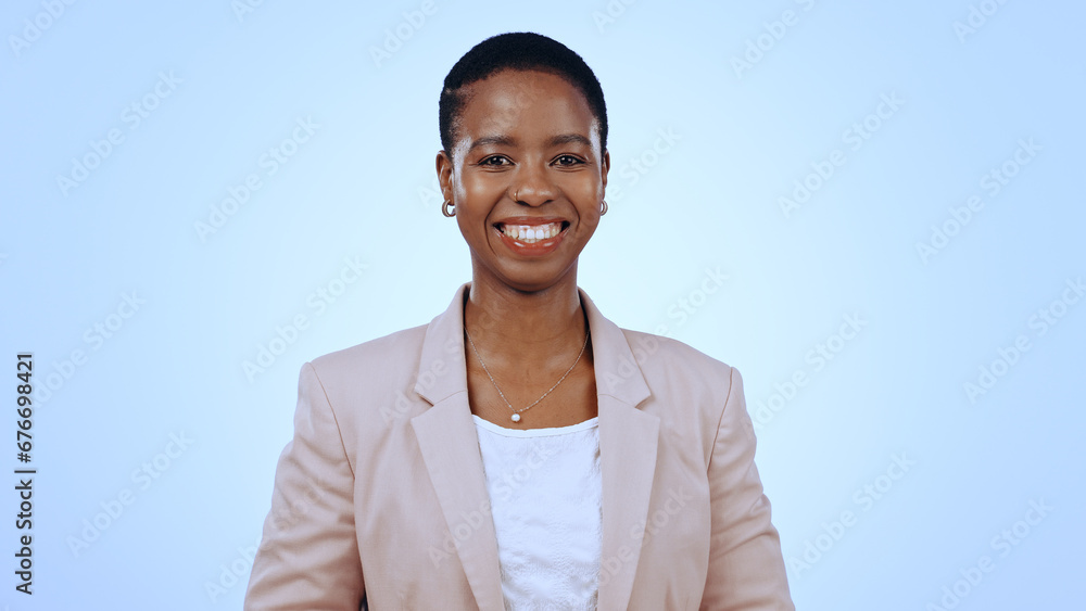 Portrait, business woman and smile in studio for paralegal job, pride and confident lawyer isolated on blue background. Happy african attorney working with trust for professional career in Nigeria Portrait, business woman and smile in studio for paralegal job, pride and confident lawyer isolated on blue background. Happy african attorney working with trust for professional career in Nigeria