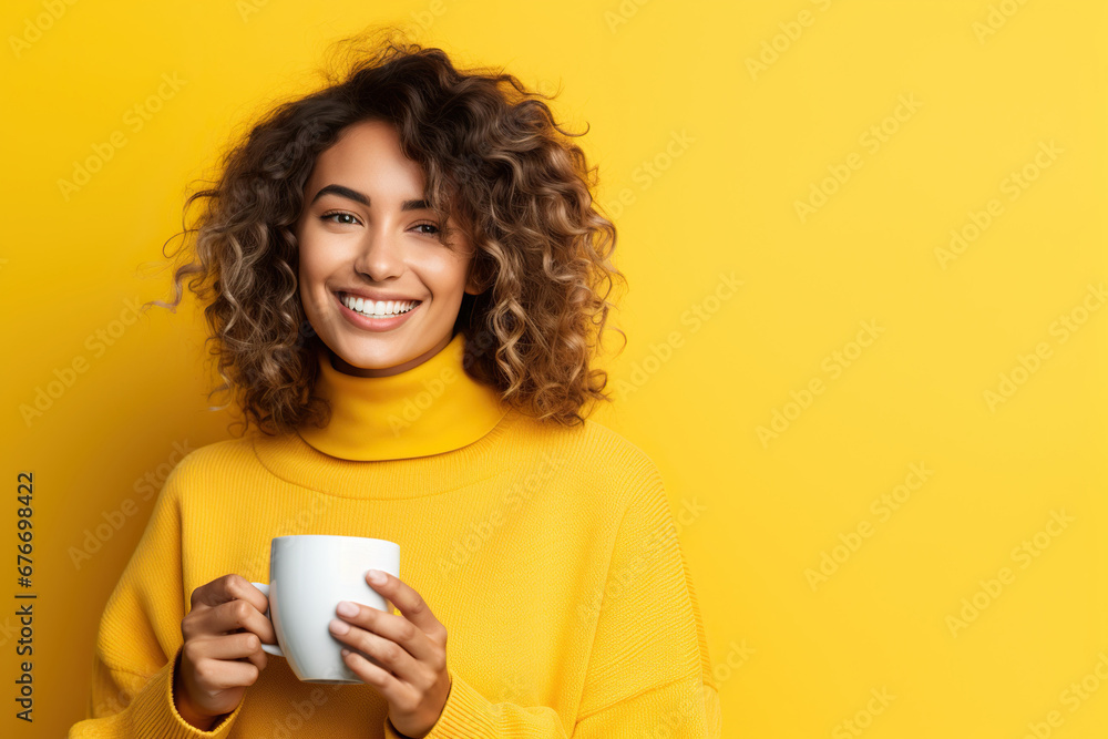 Happy woman with cup of coffee on yellow background Happy woman with cup of coffee on yellow background