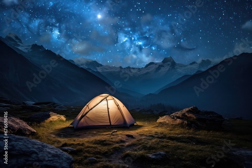 Camping tent in the mountains at night sky.