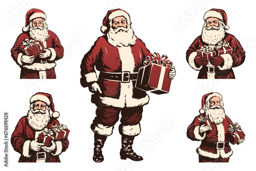 Santa Claus holding a gift. Happy Santa with the present box. Christmas gift from Santa Claus. Retro Vintage Santa Claus clipart. Transparent PNG. Vector illustration isolated on white