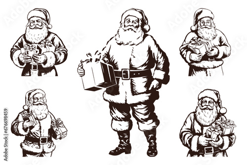 Santa Claus holding a gift. Happy Santa with the present box. Christmas gift from Santa Claus. Retro Vintage Santa Claus clipart. Transparent PNG. Vector illustration isolated on white