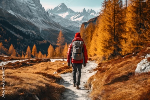 A Hiker walking to forestmountains on the importance of preserving natural habitats. photo