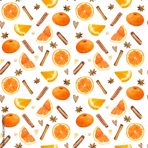 Watercolor seamless pattern with orange citrus slices and spices