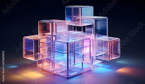 some 3d cubes with purple, blue, green and white lights behind them, in the style of bauhaus simplicity, fluid networks, light white and bronze, industrial and product design, brice marden, circuitry, photo