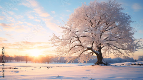 冬の背景、空と雪の積もる木、自然の風景