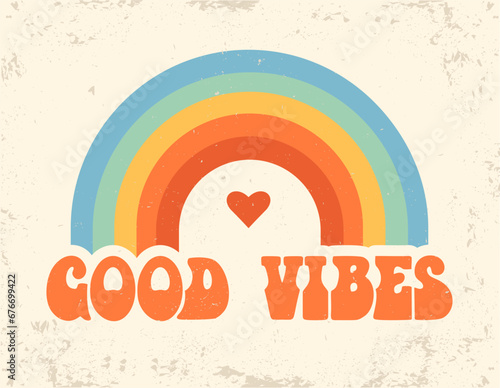 Hand written lettering Good Vibes. Cute cartoon rainbow good vibes slogan print. Vintage Boho typographic lettering saying, 70s hippie art, groovy artistic font. Retro warp text calligraphy vector