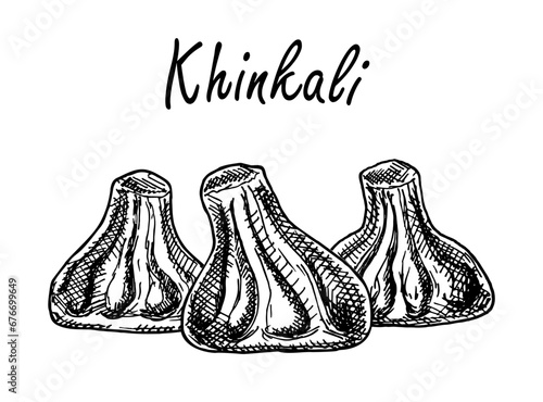 Khinkali sketch. National Traditional dish of Georgian cuisine. Gastronomic tourism, national dishes. Hand drawn vector of khinkalis isolated on white background