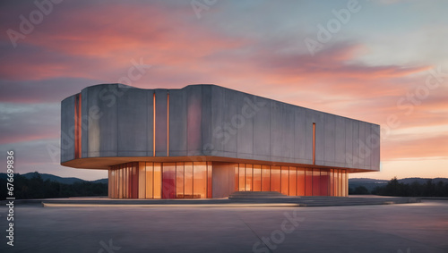 Abstract rendering of a concrete building's textured facade against a vibrant evening sky.
