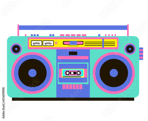 Retro cassette recorder. Cassette player. Music box. 90s style boombox vector. Nostalgia for the 90s. 1990s technology. Vector illustration on white background.
