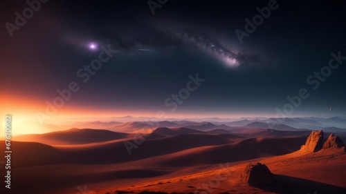 Fantasy landscape of fiery planet with glowing stars, nebulae, massive clouds and falling asteroids. AI Generated