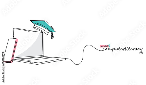 World computer literacy day is celebrated on 2nd December. Digital literacy. Computer related technical efficiency. Foundational computer literacy skills. Advanced programming. Continuous line art.